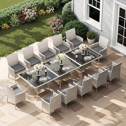 Muphyers 15-Piece Patio Dining Set, Patio Furniture Set with Square Tempered Glass Table & 12 Wicker Chairs, Expandable Design for Larger Groups, Outdoor Furniture for Backyard, Deck, Garden, Grey