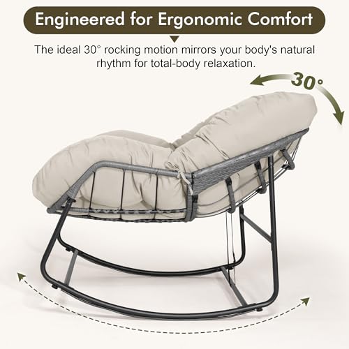Bifanuo Oversized Egg Rocking Chair for Indoor Outdoor – All-Weather Wicker Rattan Lounge Chair with Cushion Patio Rocker for Porch Garden or Balcony (Beige)