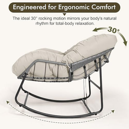 Bifanuo Oversized Egg Rocking Chair for Indoor Outdoor – All-Weather Wicker Rattan Lounge Chair with Cushion Patio Rocker for Porch Garden or Balcony (Beige)