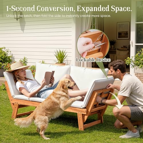 Flamaker Outdoor Couch with Adjustable Armrests, Acacia Wood Patio Loveseat with Soft Cushions, Convertible Patio Furniture for Balcony, Porch, Backyard (White)