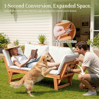 Flamaker Outdoor Couch with Adjustable Armrests, Acacia Wood Patio Loveseat with Soft Cushions, Convertible Patio Furniture for Balcony, Porch, Backyard (White)