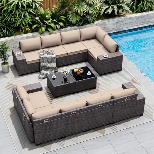 ASJMR Outdoor Patio Furniture Set, 12 Pieces Outdoor Sectional Furniture High Backrest Patio Sofa, All-Weather PE Rattan Patio Conversation Set with Coffee Table & Cushions(Brown).