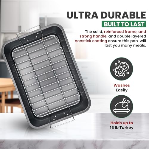 Roasting Pan With Rack 11" x 15" - Non Stick Large Roaster Pan and Flat Rack with Foldable Handles - Roasting Pans for Ovens to Elevate Food for Even Heating - Dishwasher Safe Turkey Roast Pot