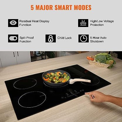 VEVOR Electric Cooktop, 30" 5 Burners Induction Stove Top, 9200W Built-in Magnetic Cooktop, 9 Heating Level Multifunctional Burner, LED Touch Screen w/Child Lock & Over-Temperature Guard