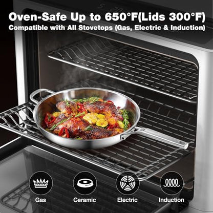 Yeksum Stainless Steel Pan,14 inch Frying Pan, Heavy Duty, Large Frying Pan, Fast & Even Heating, Up to 650°, Oven & Dishwasher Safe,Compatible with All Cooktops