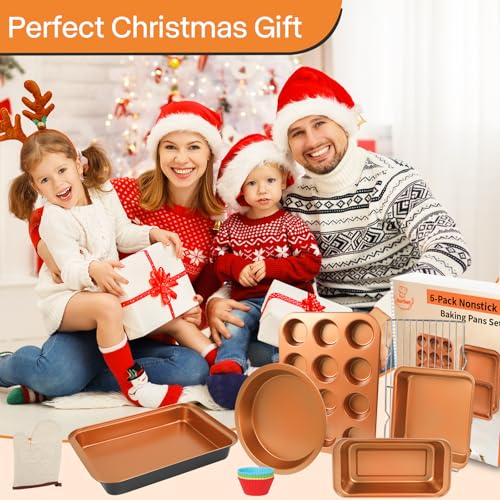 Barlket Baking Pans Set 6-Pieces, Non Stick Bakeware Set Stackable, with Cookie Sheet, Muffin, Round/Square Cake Pan, Loaf Pan, Rack, Oven Mitt for Home Baker, Gold