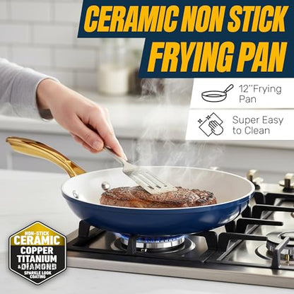 Gotham Steel 15 Pc Ceramic Pots and Pans Set Non Stick, Kitchen Cookware Sets, Pot and Pan Set, Ceramic Cookware Set, Non Toxic Cookware Set, Non Stick Pots and Pan Set, Dishwasher Safe - Navy