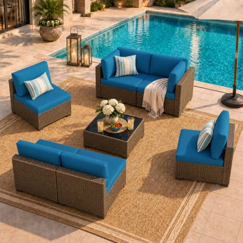 LOUVIXA 7 Piece Outdoor Patio Furniture Set, Outdoor Sectional Sofa, Wicker Rattan Patio Furniture, Patio Conversation Set with Coffee Table & Cushions