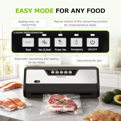 Bonsenkitchen Vacuum Sealer Machine,1 Roll&5 Pre-Cut Bags,Multiple Modes