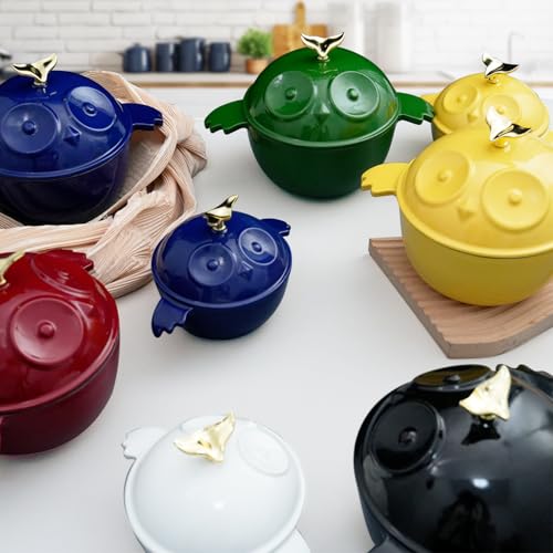 Flavehc Mini Cocotte 16 oz Owl Shaped Mini Dutch Oven 0.5 qt Cast Iron Garlic Roaster for Oven Garlic Confit Pot Ramekins with Lids Oven Safe, White