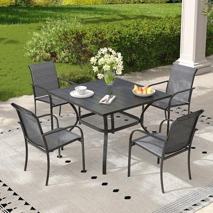 ARKOST 5 Pieces Outdoor Dining Set, Stackable Textilene Paito Chairs & 37.8" Square Dining Table with Umbrella Hole and Shelf, Patio Dining Set for Backyard, Deck, Garden, Grey & Black