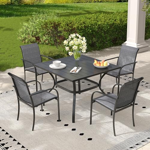 ARKOST 5 Pieces Outdoor Dining Set, Stackable Textilene Paito Chairs & 37.8" Square Dining Table with Umbrella Hole and Shelf, Patio Dining Set for Backyard, Deck, Garden, Grey & Black
