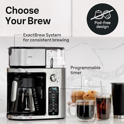 Braun MultiServe Plus 10-Cup Drip Coffee Maker - Hot & Cold Multi-Serve Brewer with Timer and Auto Start, Hot Water Dispenser, Over Ice Function, Stainless Steel & Pod-Free Design, KF9370SI