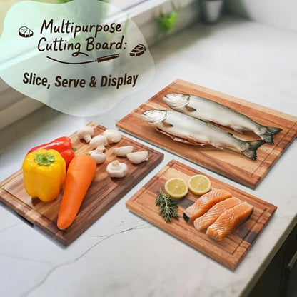Cokka Praca Non Toxic Acacia Wood Cutting Board Set with Stand | 3 Pcs Knife-Friendly Non-Slip Wooden Cutting Boards for Kitchen | 0.7″Thick Butcher Block | Solid Chopping Boards with Juice Groove