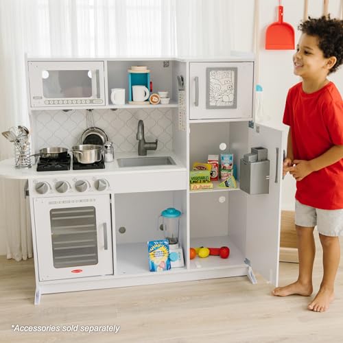 Melissa & Doug Wooden Chef’s Pretend Play Toy Kitchen With “Ice” Cube Dispenser – Cloud White - FSC Certified