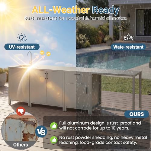 Wisteria Lane Outdoor Storage Cabinet with Stainless Steel Sink, Aluminum Modular Outdoor Kitchen, All Wheather Kitchen Island with Storage, Patio Bar Table for BBQ, Porch，Backyard