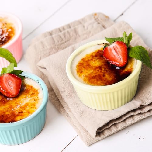 Meltset 5.5 Oz Ramekins with Lids Oven Safe Ceramics Ramekin Bowls for Baking, Porcelain Bake Dishes for Souffle, Creme Brulee, Lava Cake, Ice Cream Desserts, Snacks (Set of 5）