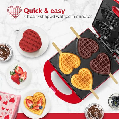 Holstein Housewares 4-Section Heart Shaped Waffle Maker, Non-Stick Waffle Iron, Mini Waffle Maker for Kids, Non-Toxic Coating, Easy to Clean, Makes 4 Heart-Shaped Waffles in Minutes, Red