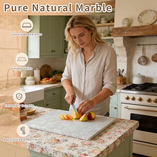 Carrara Marble Cutting Board for Kitchen, 20 x 16 Inch Large Marble Pastry Slab, White Stone Cutting Board for Dough Kneading, Baking, Rolling, Cheese