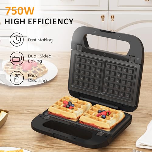 3 in 1 Electric Sandwich Maker with Removable Nonstick Plates - 750W, Black for Belgian Waffle/Panini/Grill/Pancake Griddle/Breakfast, Dishwasher Safe, Cool Touch Handle, Easy to Clean & Store