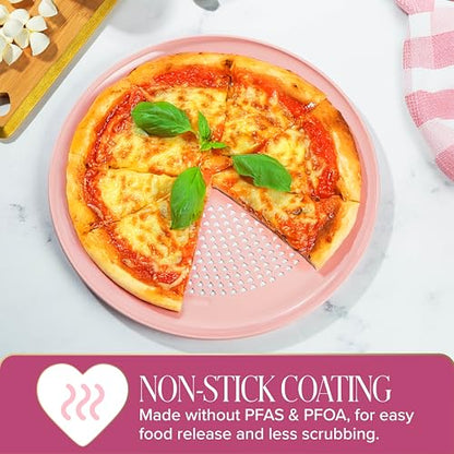 Paris Hilton Pizza Crisper with Heart Cut Outs, Heavy Duty Carbon Steel Baking Pan features Premium Nonstick Coating Made Without PFAS & PFOA, 15.75-Inch, Pink