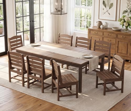 SERWALL Outdoor Dining Set, 9 Piece HDPE Armless Dining Set, Brown