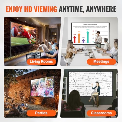VEVOR Projector Screen with Stand, 120 inch 16:9 4K 1080 HD Outdoor Movie Screen with Stand, Wrinkle-Free Projection Screen with Tripods and Carry Bag, for Home Theater Cinema Backyard Movie Night