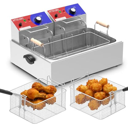 HTTSICHI Commercial Deep Fryer - 22 L Electric Deep Fryer with 10 L Basket(3Pcs), 3400W High Power Commercial Deep Fryer with Basket, Stainless Steel Commercial Fryer w/Adjustable Temperature and Lid