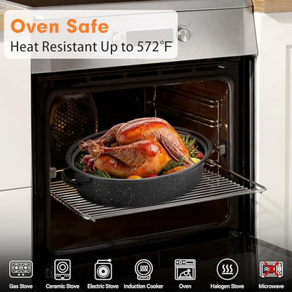 15” Roaster Pan with Lid and Rack, Small Enamel Roaster Pan with Oval Roasting Rack, Granite Baking Pot for Chicken Turkey Lamb, Heat Resistant, Oven/Dishwasher/All Stovestops Compatible