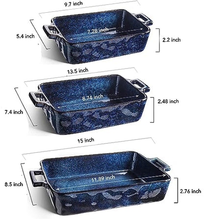 VICRAYS Ceramic Bakeware Set, Porcelain Rectangular Lasagna Pans Casserole Dish Set for Baking, Cooking, Kitchen, Cake Dinner, Banquet and Daily Use, 3 PCS, 15 x 8.5 Inches(Blue)