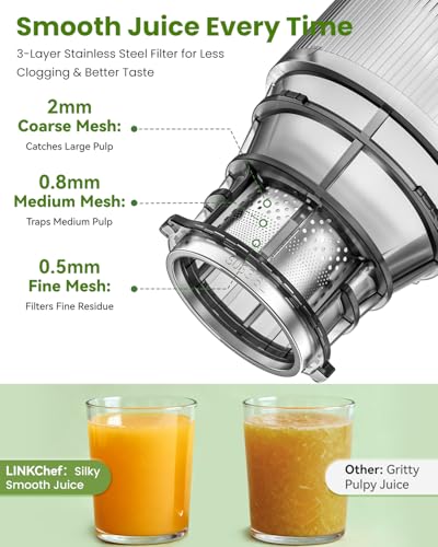 LINKChef Cold Press Juicer – 250W Juicer Machines, 5.12" Large Feed Chute for Whole Fruits & Vegetables, 60oz Slow Juicer Family Size, Easy to Clean | BPA-Free | Juice Recipes