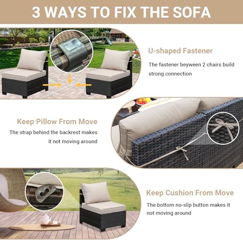 Jing's Villa 8-Piece Patio Furniture Set, All-Weather Outdoor Wicker Sectional Sofa with Cushions, Glass Table & Left and Right Armrest, Rattan Conversation Seating for Porch, Garden, Backyard,Beige
