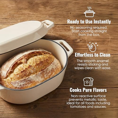 Dutch Oven for Bread Baking, 3.4 QT Bread Dutch Oven for Sourdough, Enamelled Cast Iron Bread Oven with Lids, Heavy-Duty Non Stick Sourdough Loaf Pan, Meatloaf Pan, Beige