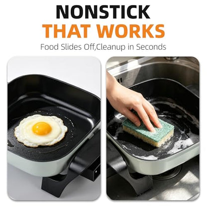 I-Keukenn 8" Electric Skillet with PFAS-Free Non-Stick Ceramic Coating, Removable Electric Frying Pan with Adjustable Temperature, Reversible Design, Tempered Glass Lid, Green