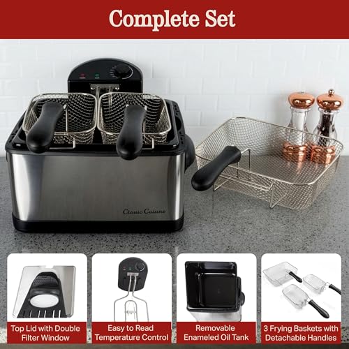 Deep Fryer - 4-Liter Electric Oil Fryer - 1 Large Basket and 2 Small for Dual Use - Stainless-Steel Cooker with Cool Touch Feature, See-Through Lid and Double Odor Filter Technology by Classic Cuisine