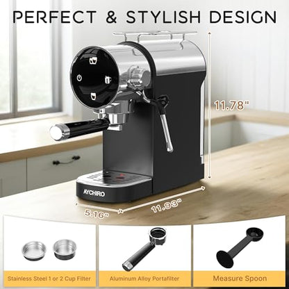 AYCHIRO 20 Bar Espresso Coffee Machine, Touchscreen Espresso Coffee Maker for Home, Cappuccino Maker with Removable Water Tank, Modern Black Design, Black