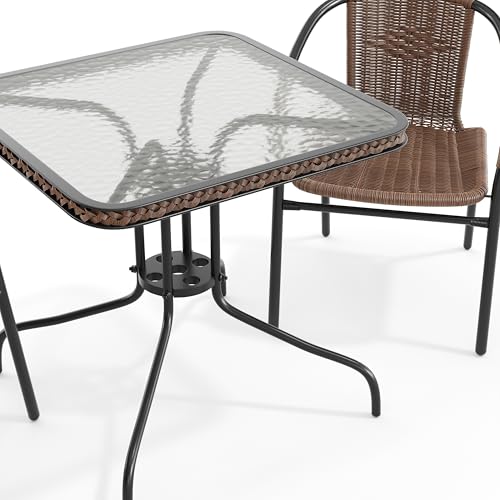 Flash Furniture Lila 3-Piece 28" Square Indoor/Outdoor Patio Table and Chairs Set, Glass Metal Bistro Table and 2 Stacking Rattan Chairs, Brown