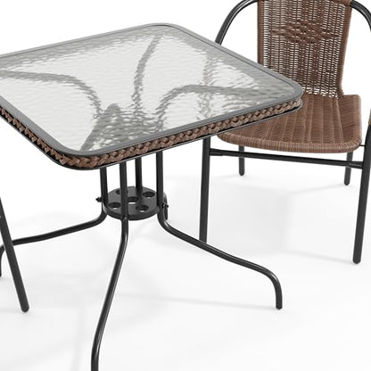Flash Furniture Lila 3-Piece 28" Square Indoor/Outdoor Patio Table and Chairs Set, Glass Metal Bistro Table and 2 Stacking Rattan Chairs, Brown