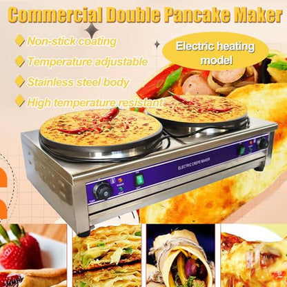 HQHAOTWU Crepe Maker Electric Crepes Making Machine Double Head Pancake Maker 40cm Per Circular Plate Non-stick Pan Griddle Machine Commercial Desktop Circular Cereals Pancake Stove Temp Control 220V