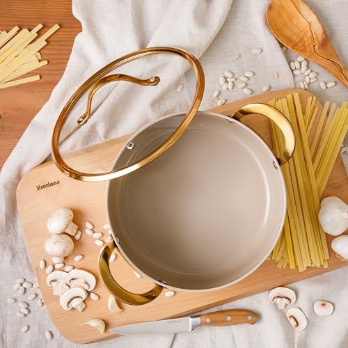 Bloomhouse - Two Time Oprah's Favorite Things Winner - 6 Quart Heavy Duty Aluminum Premium PFA Free Ceramic Nonstick Dutch Oven Pot with Lid - Almond Cream w/Gold Handle