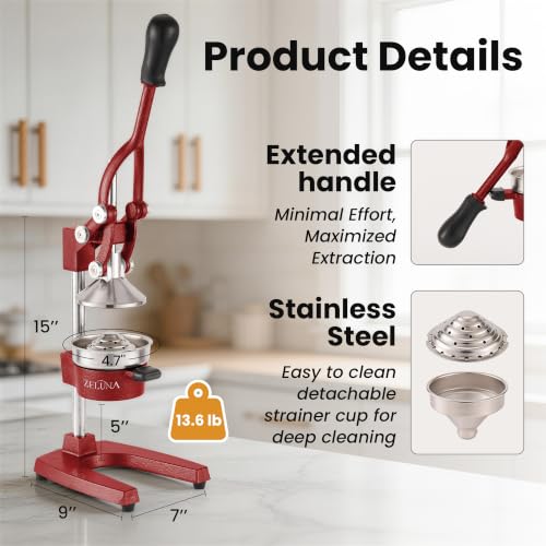 Zeluna Cast Iron Manual Hand Press Juicer for Citrus & Pomegranate,Deep Red
