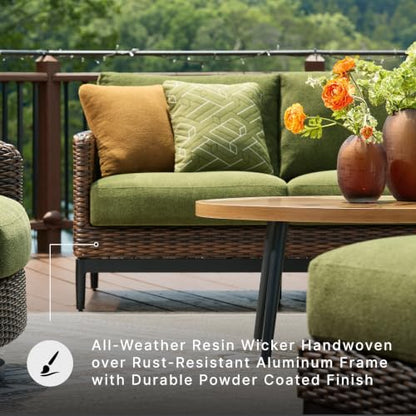 Signature Design by Ashley Horizon Hall Casual Outdoor Sofa with Cushions, Rust-Resistant Aluminum Frame, Handwoven Resin Wicker 3-Seat Patio Couch for Deck or Sunroom, Green & Dark Brown, 88" W