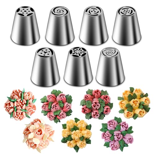 Suuker Russian Piping Tips Set, Stainless Steel Cupcake Flower Shaped Frosting Nozzle Kit, Kitchen Gadgets For Pastry Cupcakes Cakes Cookies Decorating (7 Pieces)