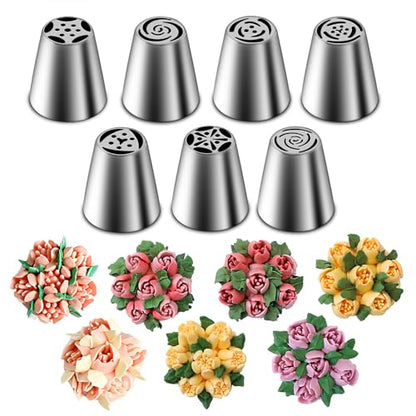 Suuker Russian Piping Tips Set, Stainless Steel Cupcake Flower Shaped Frosting Nozzle Kit, Kitchen Gadgets For Pastry Cupcakes Cakes Cookies Decorating (7 Pieces)