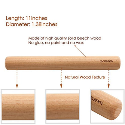GOBAM Wood Rolling Pin, Small - Dough Roller for Pasta, Cookies, Pie, Pizza, Chapati, Fondant, Rolling Pins for Baking, Bread Making Tools and Supplies - 11 x 1.38 Inches
