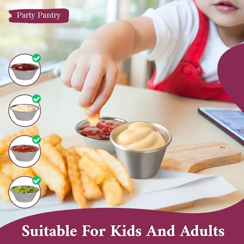 Party Pantry Stainless Steel Ramekins 24 Pack (1.5oz & 2.5oz) – Metal Dipping Sauce Cups, Condiment Cups, Small Metal Ramekins for Sauce, Ketchup, BBQ, Soy Sauce – Stackable Restaurant Portion Cups