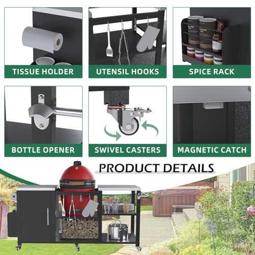 JFHID Outdoor Grill Table for Big Green Egg, Stainless Steel Grill Cart with Cabinet & Shelves, Heavy Duty 920LBS Outdoor Kitchen Island, Compatible with Large Big Green Egg, Kamado Joe Classic