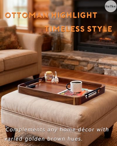 OurMiao 22 x 15.7 Inches Acacia Wood Serving Tray with Metal Handles, Large Rectangular Ottoman Tray with Rounded Corner, Great for Living Room, Coffee Table, Kitchen, Serving Food & Hosting