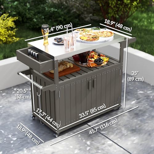 Outsunny Outdoor Bar Cart with Storage Cabinet, Stainless Steel Top Kitchen Island on Wheels, HDPE Outdoor Bar Table, Movable Patio Beverage Food Prep Table for BBQ Picnic, Dark Gray