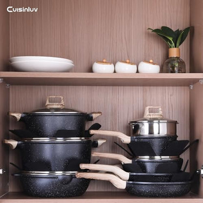 Cuisinluv 23Pcs Pots and Pans Set Non Stick, Kitchen Cookware Sets, Granite Induction Cookware Non Stick Cooking Set w/Frying Pans, Saucepans, Griddle, EggPan (Black)
